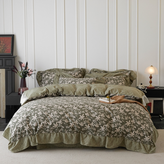 梦纤绒 2026新款高克重法式复古亚麻花边款四件套 森屿