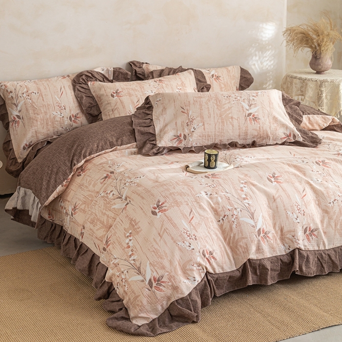 91家纺网 家纺一手货源 找家纺 梦纤绒 2026新款高克重法式复古亚麻花边款四件套 林间叶语