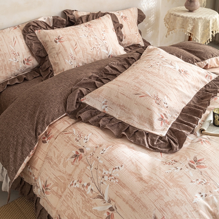 91家纺网 家纺一手货源 找家纺 梦纤绒 2026新款高克重法式复古亚麻花边款四件套 林间叶语