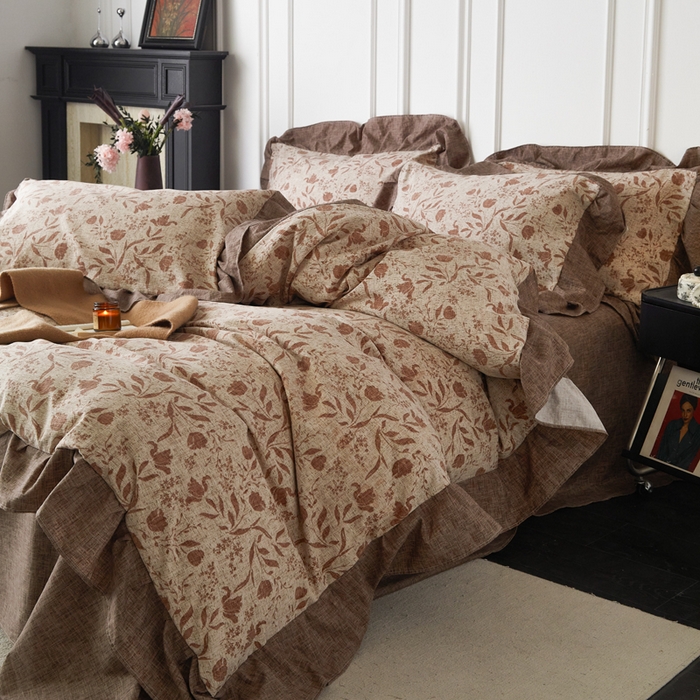 91家纺网 家纺一手货源 找家纺 梦纤绒 2026新款高克重法式复古亚麻花边款四件套 晚风