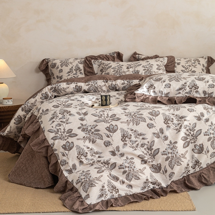 91家纺网 家纺一手货源 找家纺 梦纤绒 2026新款高克重法式复古亚麻花边款四件套 叶影