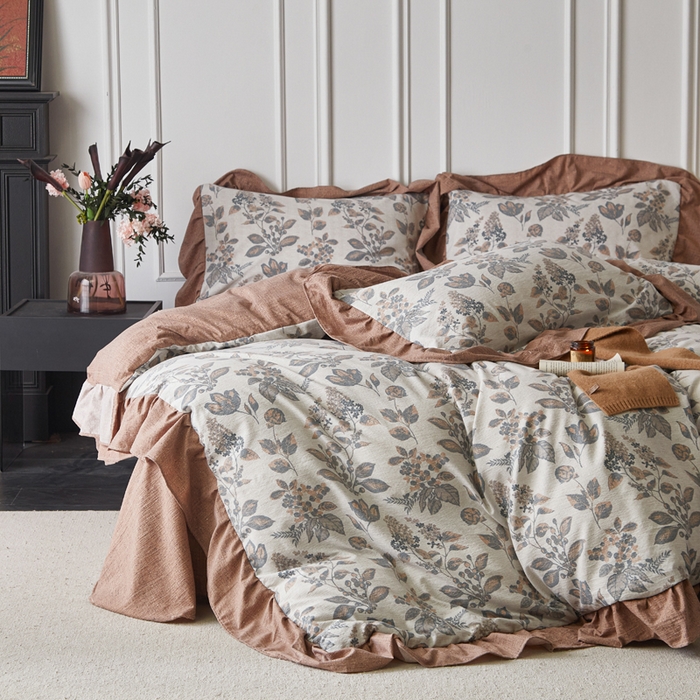 91家纺网 家纺一手货源 找家纺 梦纤绒 2026新款高克重法式复古亚麻花边款四件套 雾影