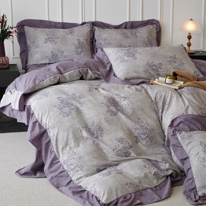 91家纺网 家纺一手货源 找家纺 梦纤绒 2026新款高克重法式复古亚麻花边款四件套 时光紫