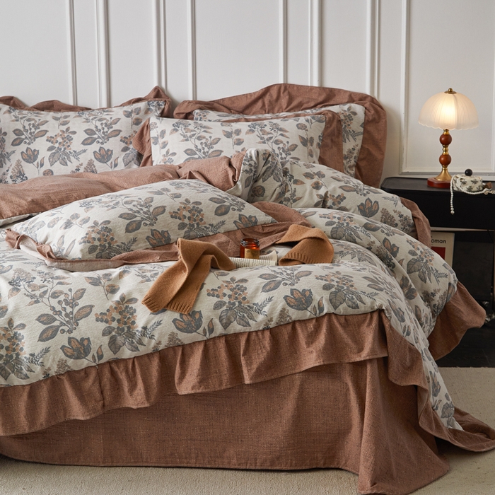 91家纺网 家纺一手货源 找家纺 梦纤绒 2026新款高克重法式复古亚麻花边款四件套 雾影