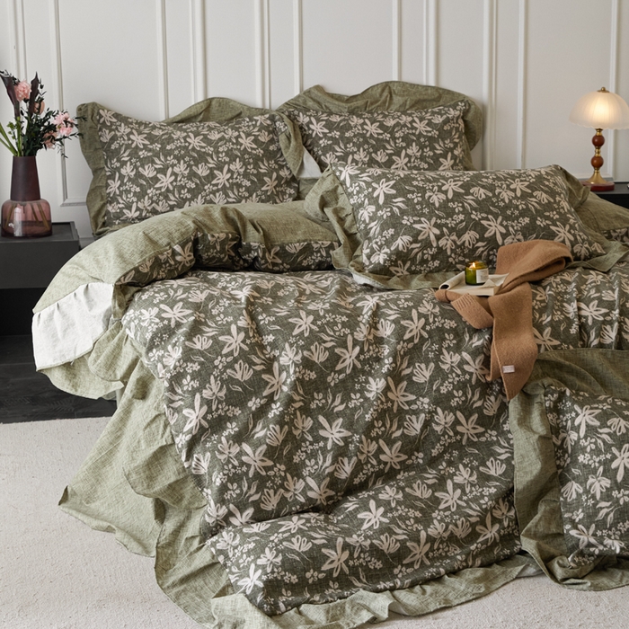 91家纺网 家纺一手货源 找家纺 梦纤绒 2026新款高克重法式复古亚麻花边款四件套 森屿