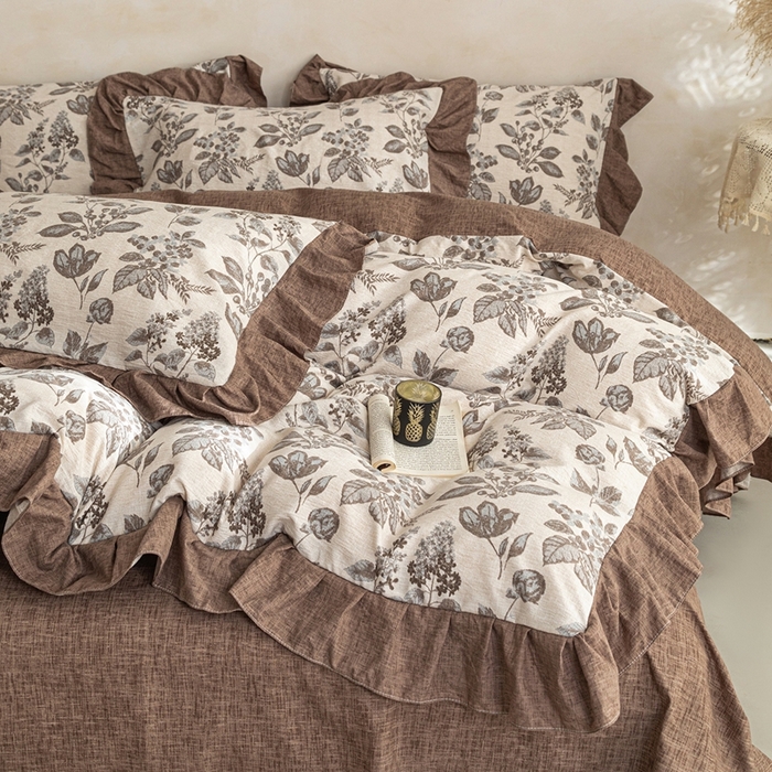 91家纺网 家纺一手货源 找家纺 梦纤绒 2026新款高克重法式复古亚麻花边款四件套 叶影