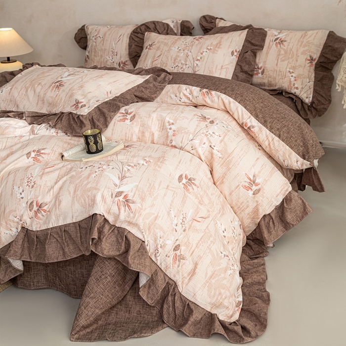 91家纺网 家纺一手货源 找家纺 梦纤绒 2026新款高克重法式复古亚麻花边款四件套 林间叶语