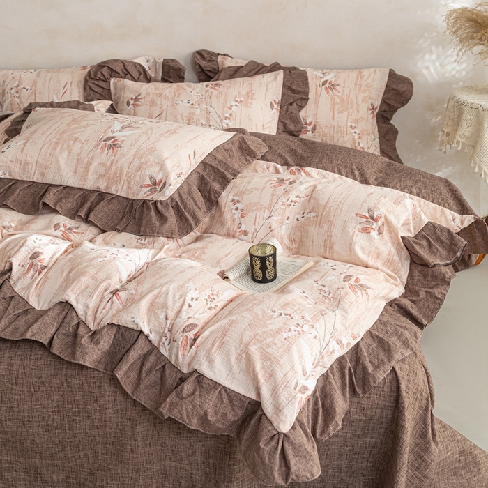 91家纺网 家纺一手货源 找家纺 梦纤绒 2026新款高克重法式复古亚麻花边款四件套 林间叶语