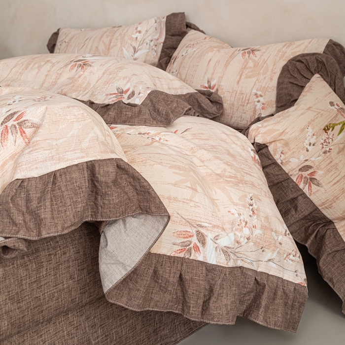 91家纺网 家纺一手货源 找家纺 梦纤绒 2026新款高克重法式复古亚麻花边款四件套 林间叶语