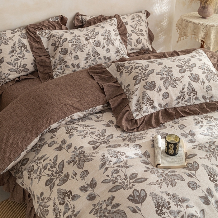 91家纺网 家纺一手货源 找家纺 梦纤绒 2026新款高克重法式复古亚麻花边款四件套 叶影