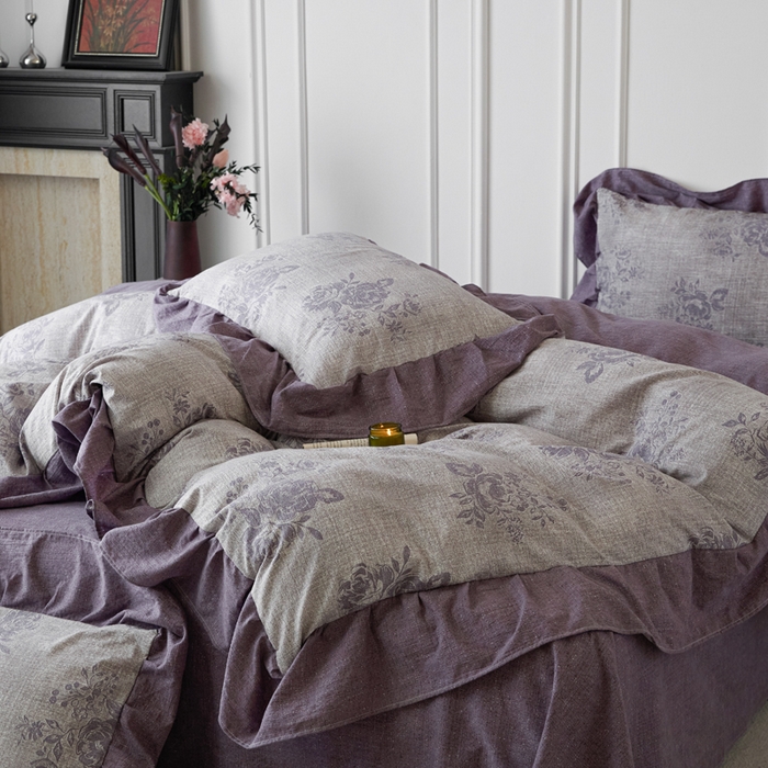 91家纺网 家纺一手货源 找家纺 梦纤绒 2026新款高克重法式复古亚麻花边款四件套 时光紫