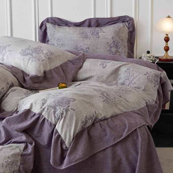 91家纺网 家纺一手货源 找家纺 梦纤绒 2026新款高克重法式复古亚麻花边款四件套 时光紫