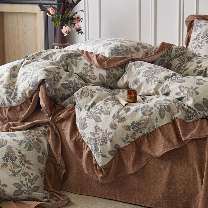 91家纺网 家纺一手货源 找家纺 梦纤绒 2026新款高克重法式复古亚麻花边款四件套 雾影