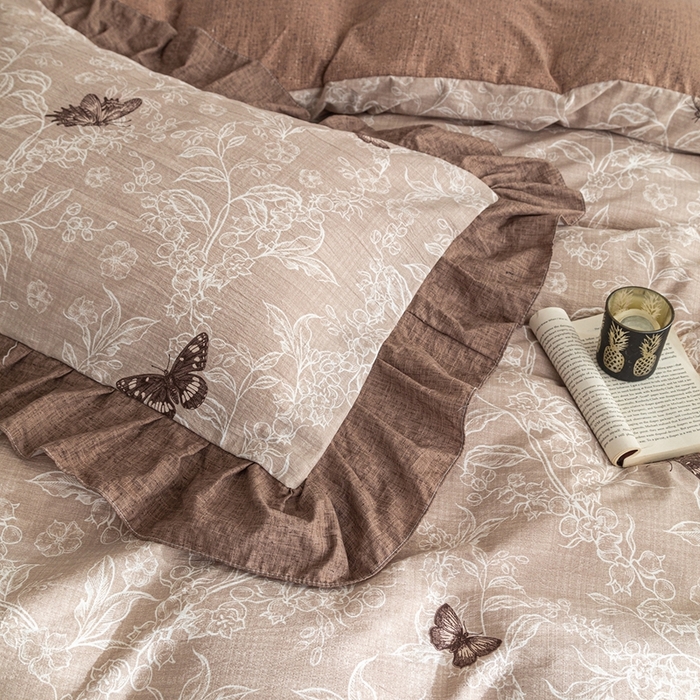 91家纺网 家纺一手货源 找家纺 梦纤绒 2026新款高克重法式复古亚麻花边款四件套 花间蝶