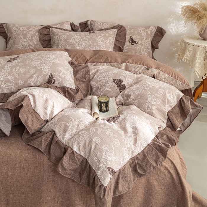 91家纺网 家纺一手货源 找家纺 梦纤绒 2026新款高克重法式复古亚麻花边款四件套 花间蝶