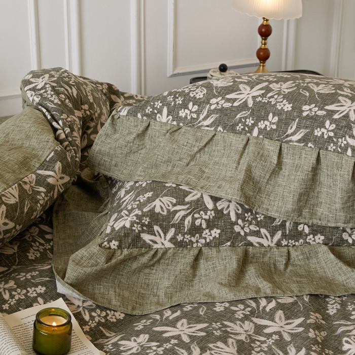 91家纺网 家纺一手货源 找家纺 梦纤绒 2026新款高克重法式复古亚麻花边款四件套 森屿