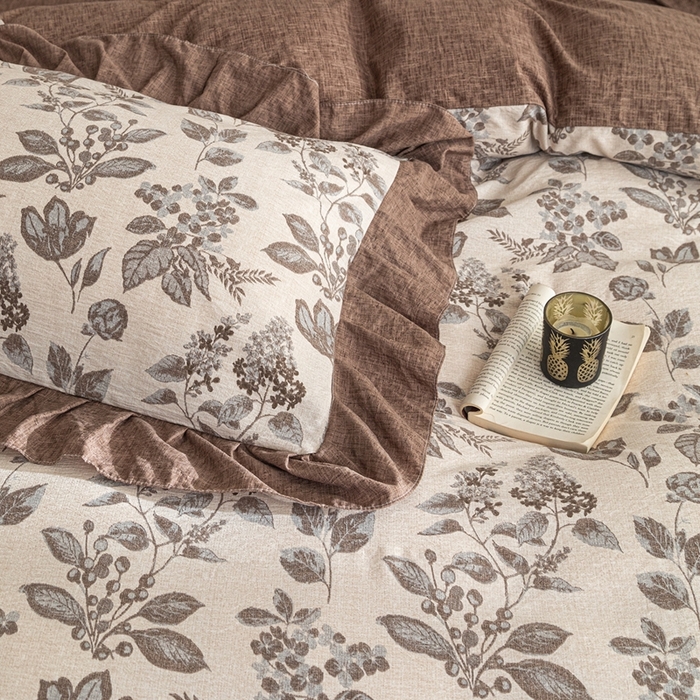 91家纺网 家纺一手货源 找家纺 梦纤绒 2026新款高克重法式复古亚麻花边款四件套 叶影