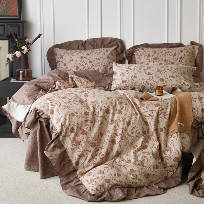 91家纺网 家纺一手货源 找家纺 梦纤绒 2026新款高克重法式复古亚麻花边款四件套 晚风