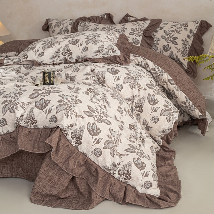 91家纺网 家纺一手货源 找家纺 梦纤绒 2026新款高克重法式复古亚麻花边款四件套 叶影