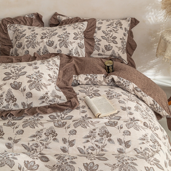 91家纺网 家纺一手货源 找家纺 梦纤绒 2026新款高克重法式复古亚麻花边款四件套 叶影