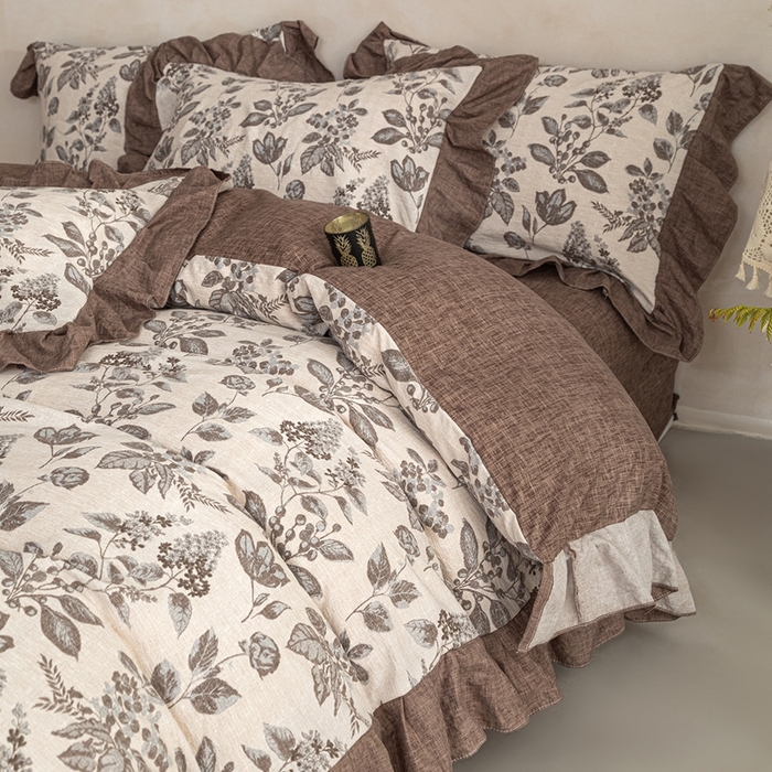 91家纺网 家纺一手货源 找家纺 梦纤绒 2026新款高克重法式复古亚麻花边款四件套 叶影