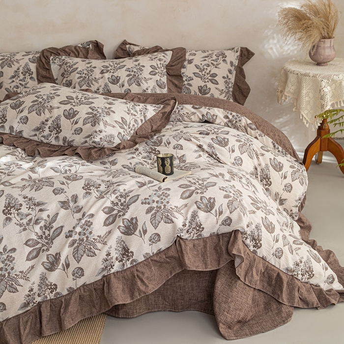 91家纺网 家纺一手货源 找家纺 梦纤绒 2026新款高克重法式复古亚麻花边款四件套 叶影