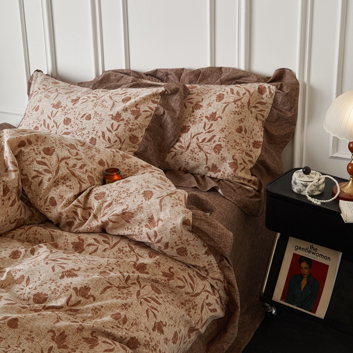 91家纺网 家纺一手货源 找家纺 梦纤绒 2026新款高克重法式复古亚麻花边款四件套 晚风