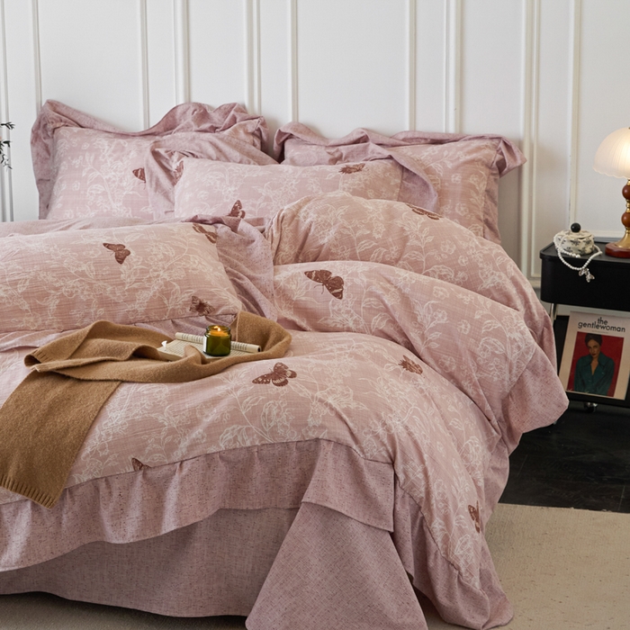 91家纺网 家纺一手货源 找家纺 梦纤绒 2026新款高克重法式复古亚麻花边款四件套 花梦