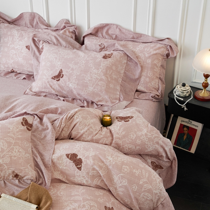 91家纺网 家纺一手货源 找家纺 梦纤绒 2026新款高克重法式复古亚麻花边款四件套 花梦