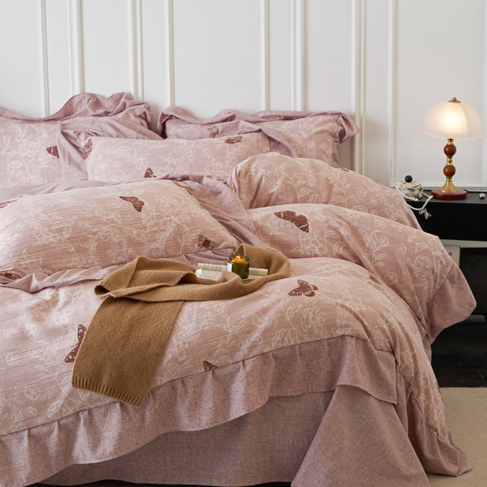 91家纺网 家纺一手货源 找家纺 梦纤绒 2026新款高克重法式复古亚麻花边款四件套 花梦