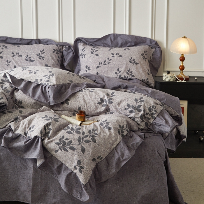 91家纺网 家纺一手货源 找家纺 梦纤绒 2026新款高克重法式复古亚麻花边款四件套 雾漫