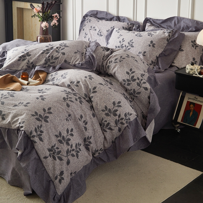 91家纺网 家纺一手货源 找家纺 梦纤绒 2026新款高克重法式复古亚麻花边款四件套 雾漫