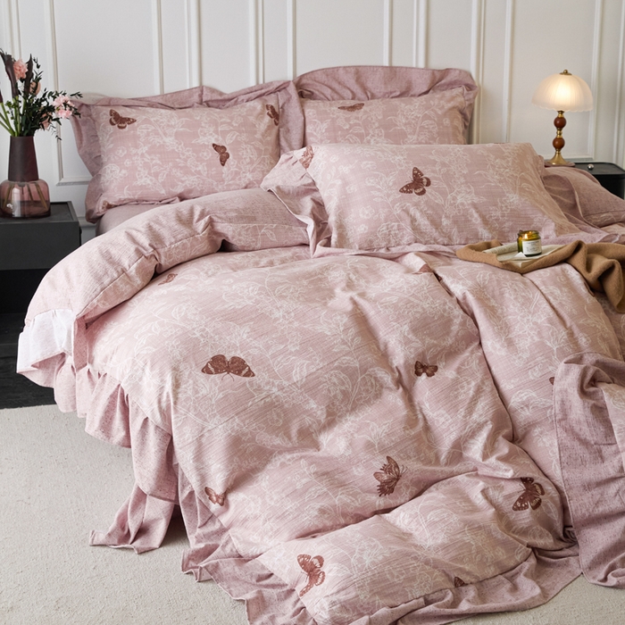 91家纺网 家纺一手货源 找家纺 梦纤绒 2026新款高克重法式复古亚麻花边款四件套 花梦