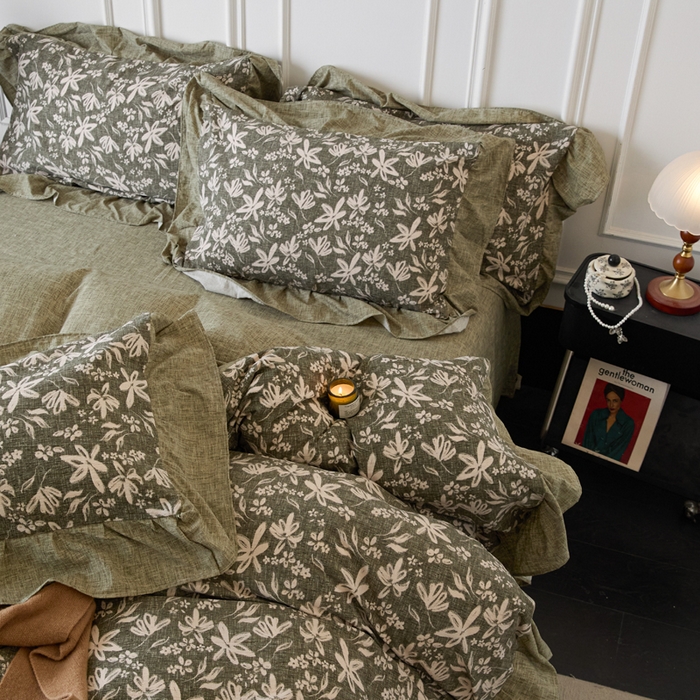 91家纺网 家纺一手货源 找家纺 梦纤绒 2026新款高克重法式复古亚麻花边款四件套 森屿