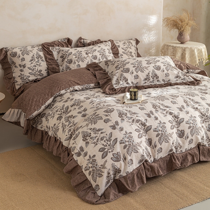 91家纺网 家纺一手货源 找家纺 梦纤绒 2026新款高克重法式复古亚麻花边款四件套 叶影