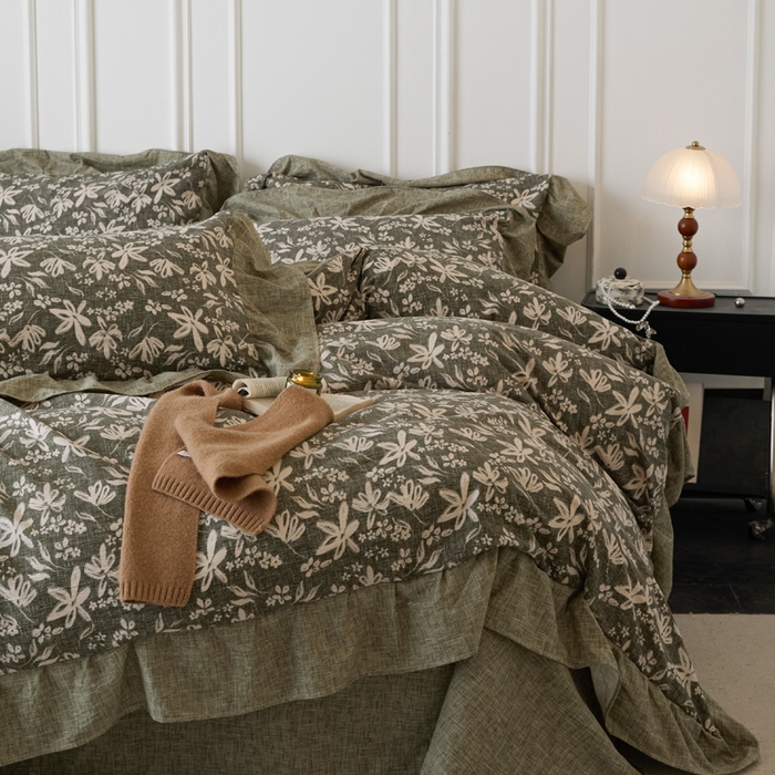 91家纺网 家纺一手货源 找家纺 梦纤绒 2026新款高克重法式复古亚麻花边款四件套 森屿