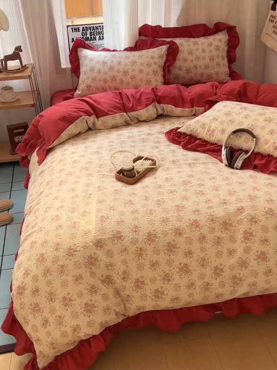 91家纺网 家纺一手货源 找家纺 2026新款泡芙纱花边四件套 梨花落