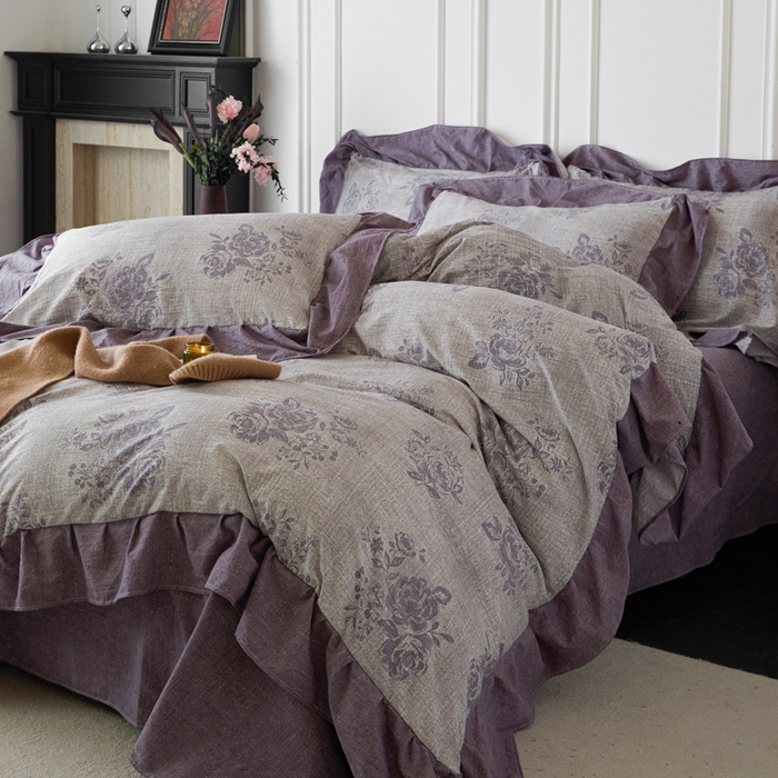 91家纺网 家纺一手货源 找家纺 梦纤绒 2026新款高克重法式复古亚麻花边款四件套 时光紫