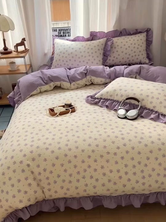 91家纺网 家纺一手货源 找家纺 2026新款泡芙纱花边四件套 紫苏