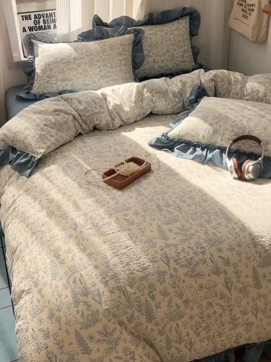 91家纺网 家纺一手货源 找家纺 2026新款泡芙纱花边四件套 人间草木