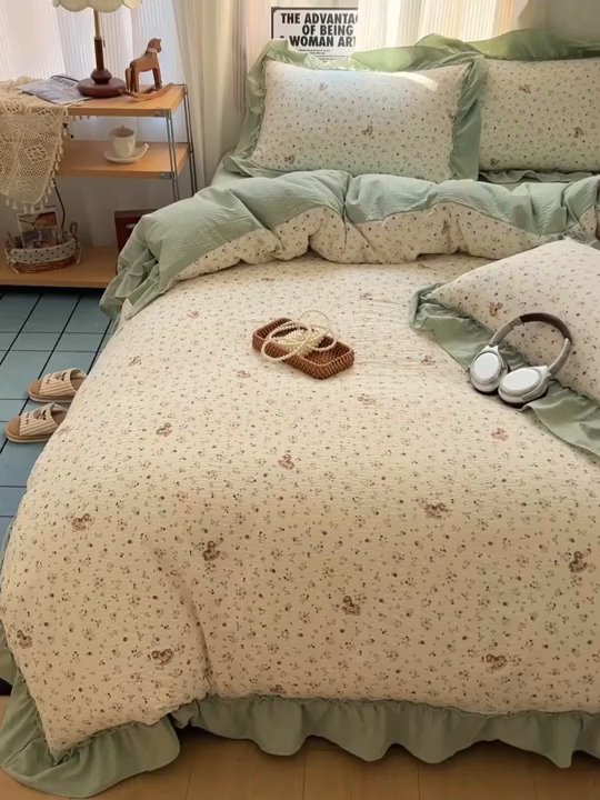 91家纺网 家纺一手货源 找家纺 2026新款泡芙纱花边四件套 春和