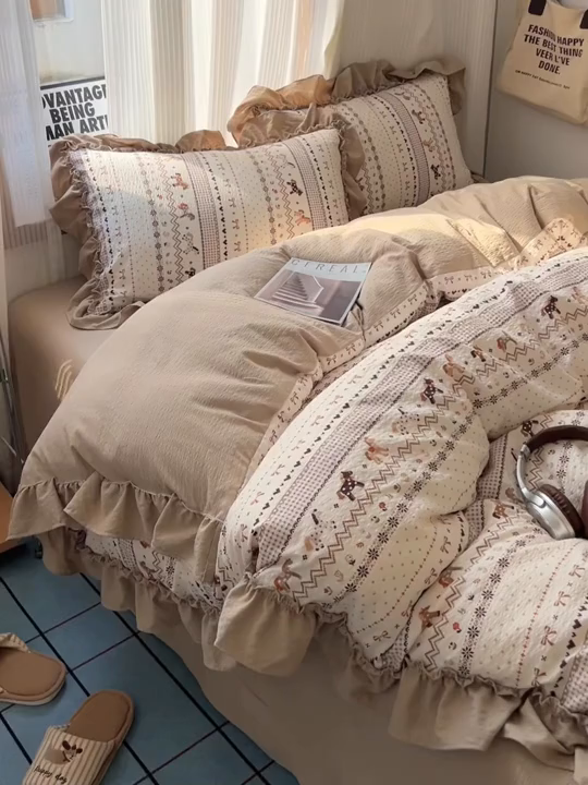 91家纺网 家纺一手货源 找家纺 2026新款泡芙纱花边四件套 摇摇马