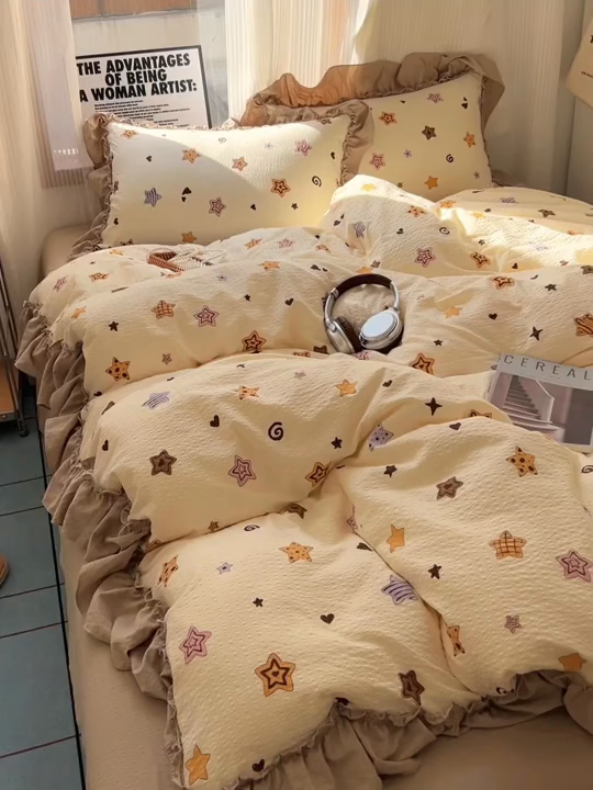 91家纺网 家纺一手货源 找家纺 2026新款泡芙纱花边四件套 星愿