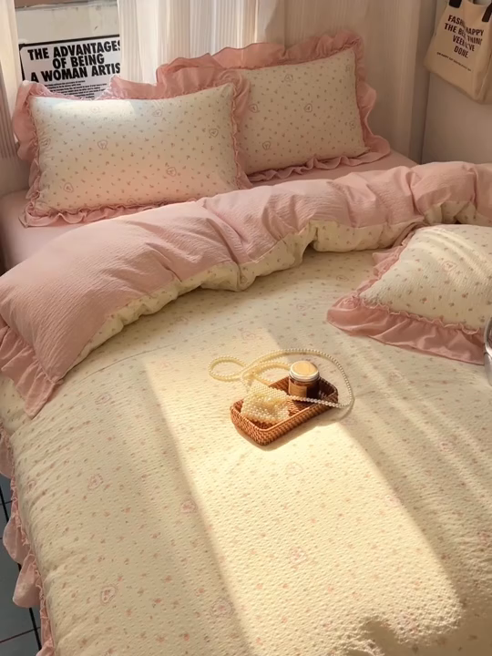 91家纺网 家纺一手货源 找家纺 2026新款泡芙纱花边四件套 暖心