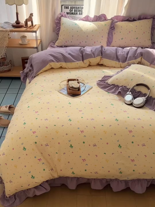 91家纺网 家纺一手货源 找家纺 2026新款泡芙纱花边四件套 木马