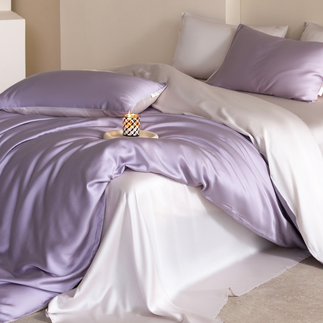 91家纺网 家纺一手货源 找家纺 时亿家居 2026春夏新款60天丝-丝颜悦色系列-被套四件套 丁香紫