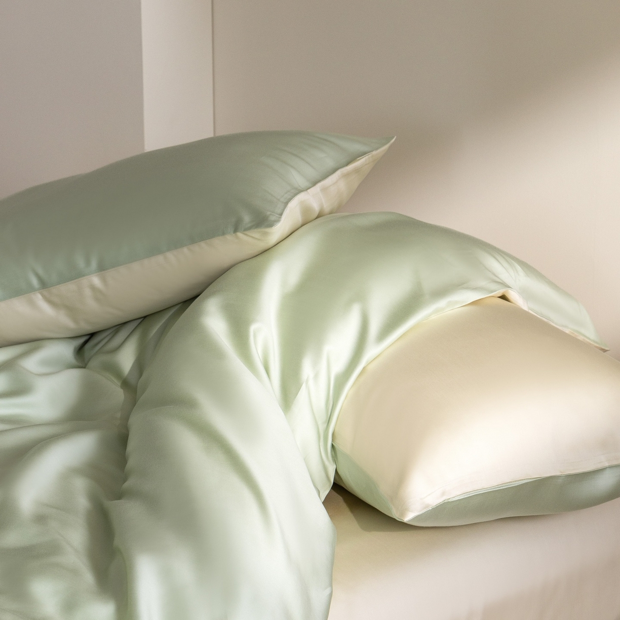 91家纺网 家纺一手货源 找家纺 时亿家居 2026春夏新款60天丝-丝颜悦色系列-被套四件套 云水绿