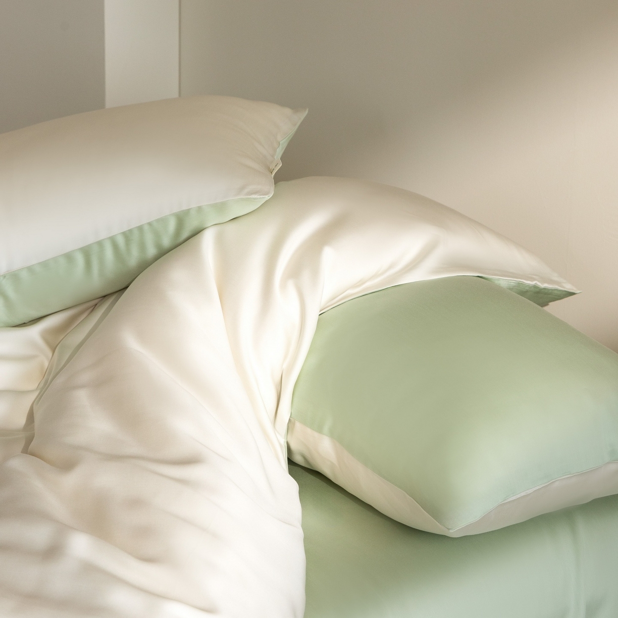 91家纺网 家纺一手货源 找家纺 时亿家居 2026春夏新款60天丝-丝颜悦色系列-被套四件套 杏云绿