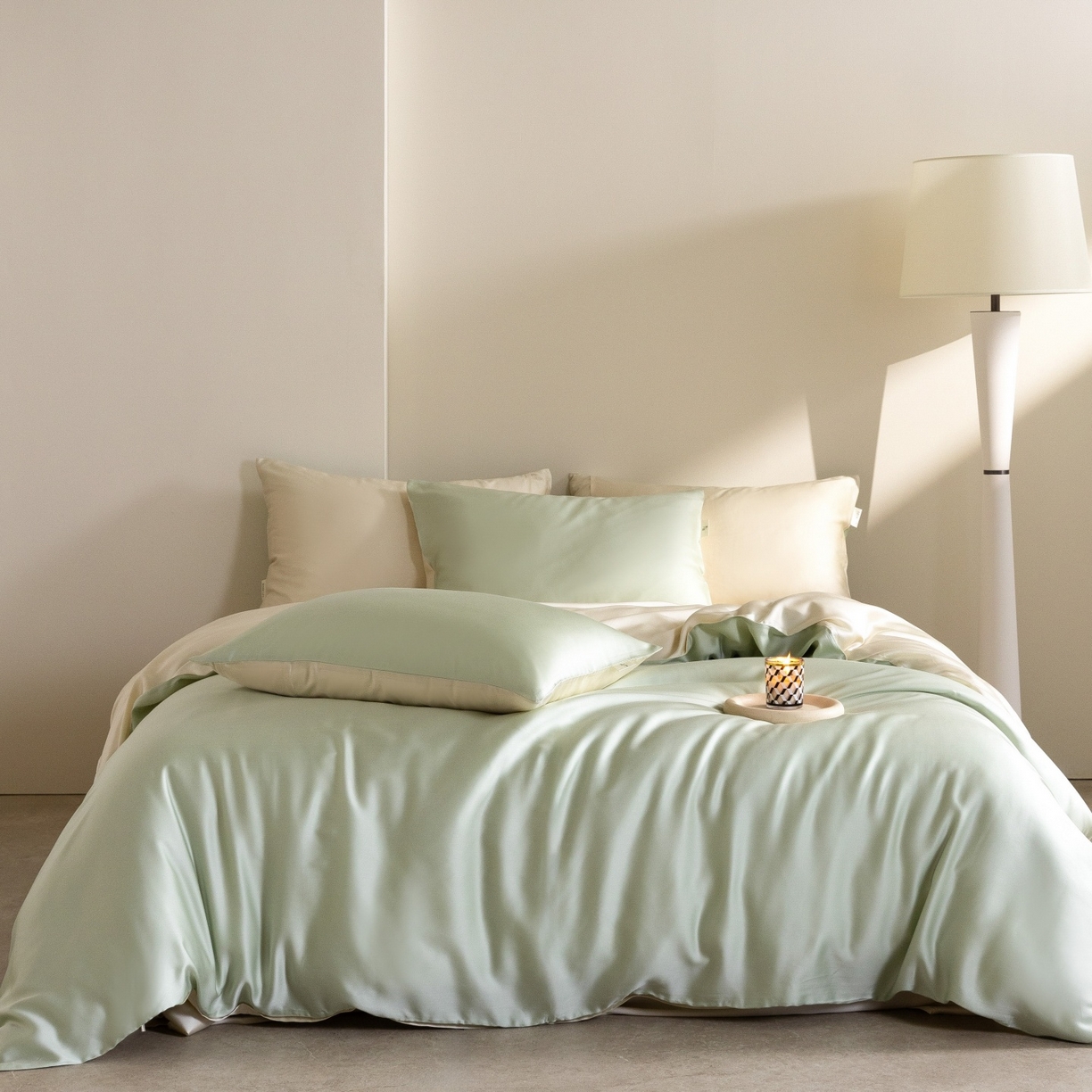 91家纺网 家纺一手货源 找家纺 时亿家居 2026春夏新款60天丝-丝颜悦色系列-被套四件套 云水绿