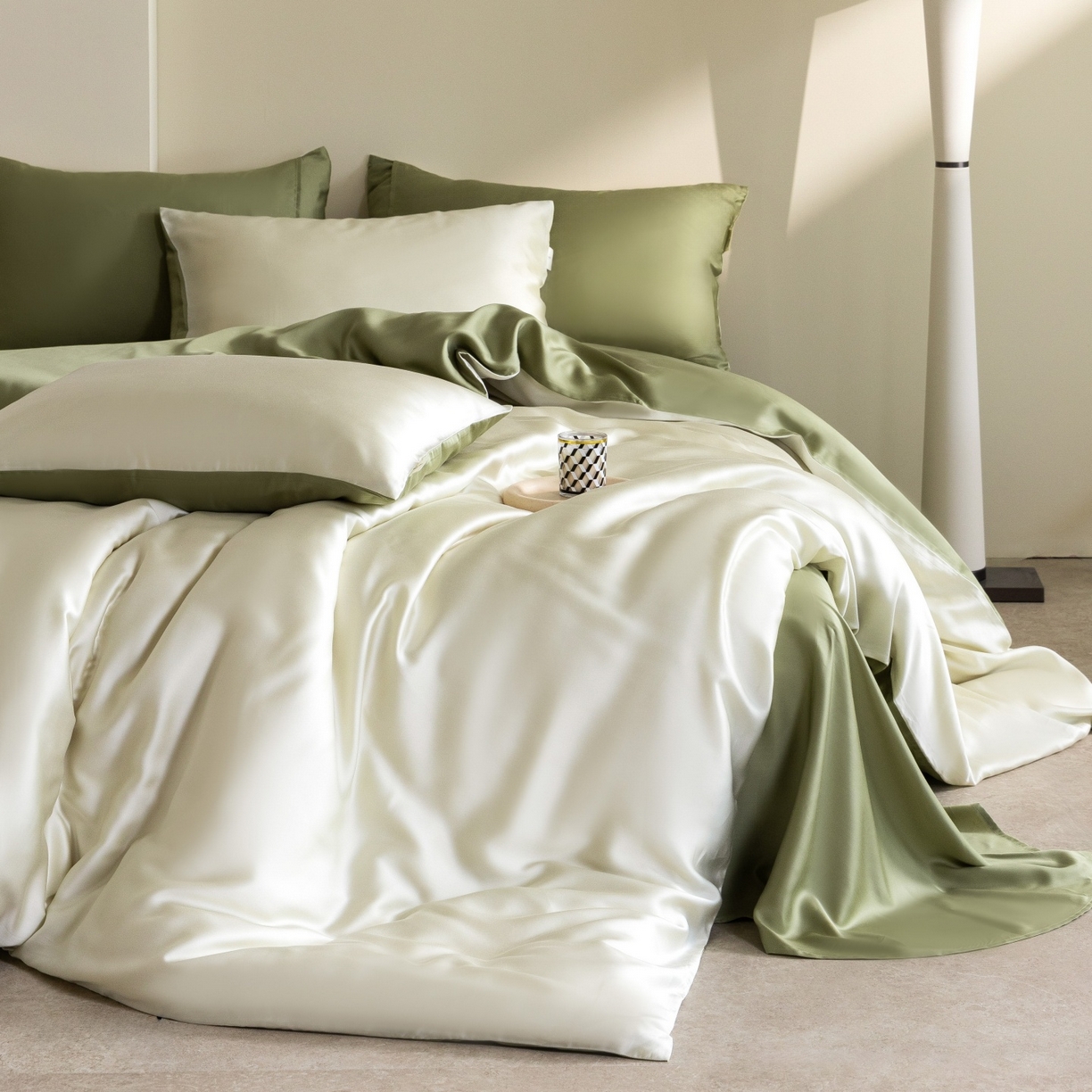 91家纺网 家纺一手货源 找家纺 时亿家居 2026春夏新款60天丝-丝颜悦色系列-被套四件套 瓷器绿